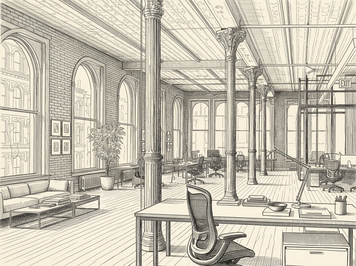 SoHo cast-iron loft interior — columns, arched windows, high ceilings