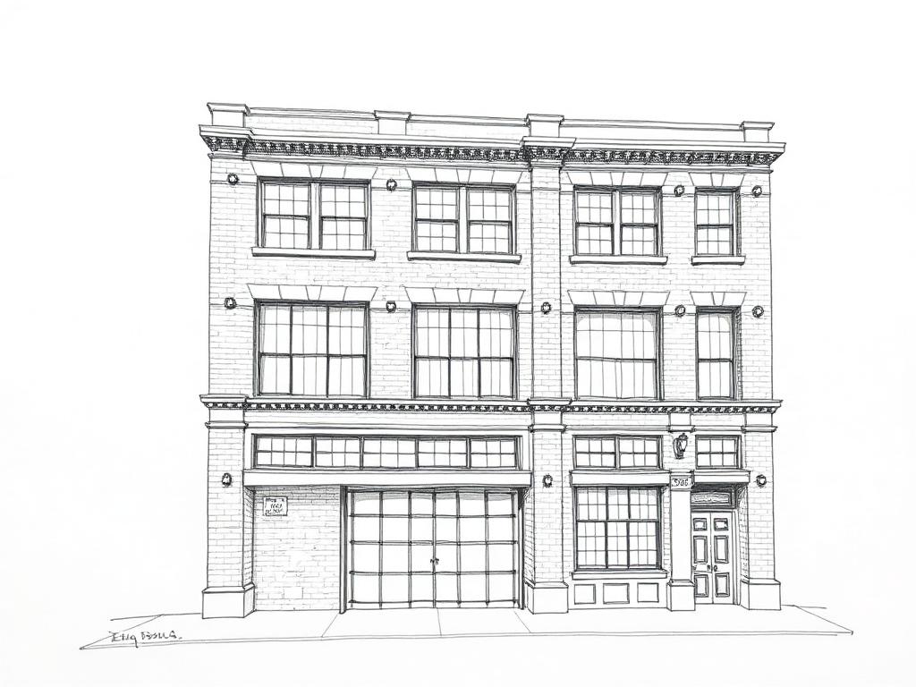 Ink sketch of a Tribeca brick warehouse building